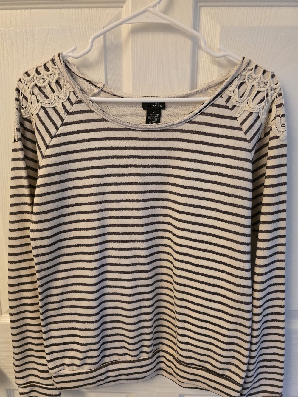 Rue21 Cream and Black Striped Long-Sleeve Top with Lace Shoulders